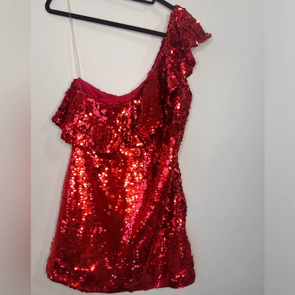 Leith Red Lava One Shoulder Mini Ruffle Dress Size Medium